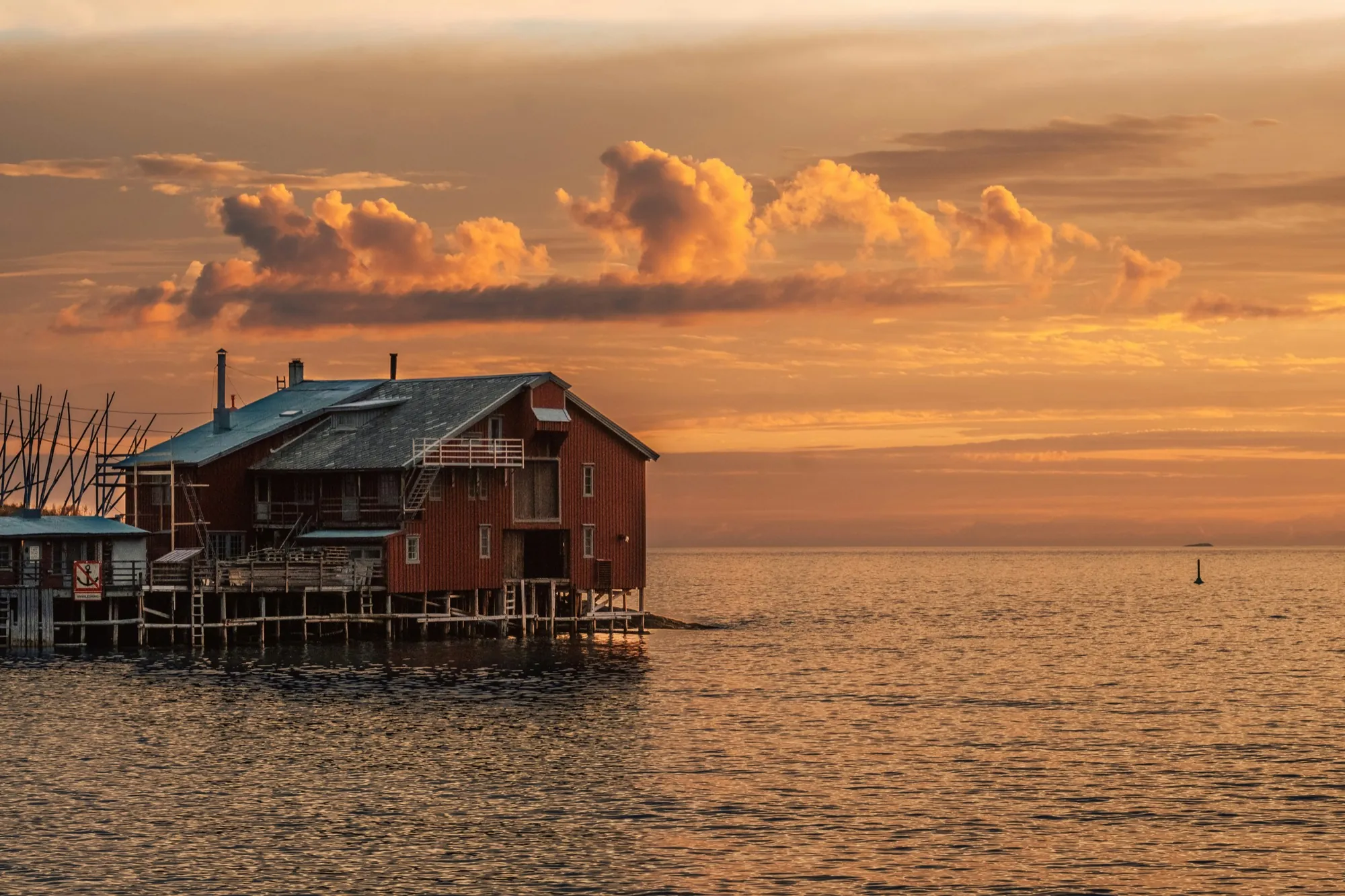 Golden evening light over a Senja harbour with calm fjord water and mountain peaks